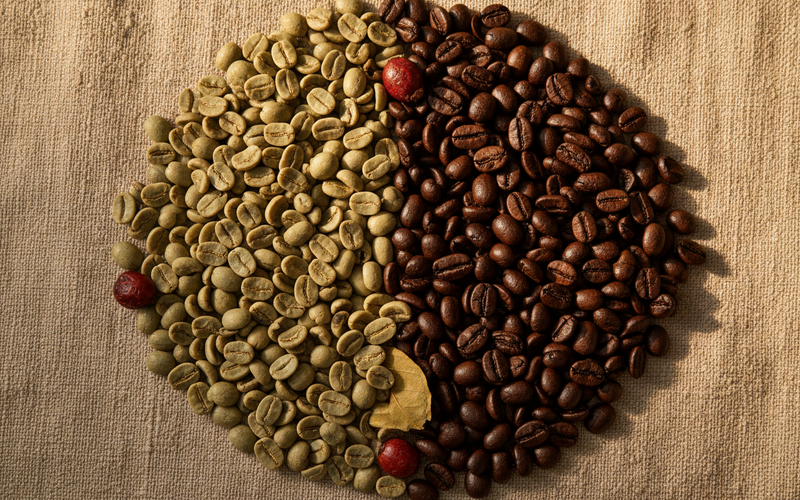 Green and roasted Ethiopian coffee beans side by side